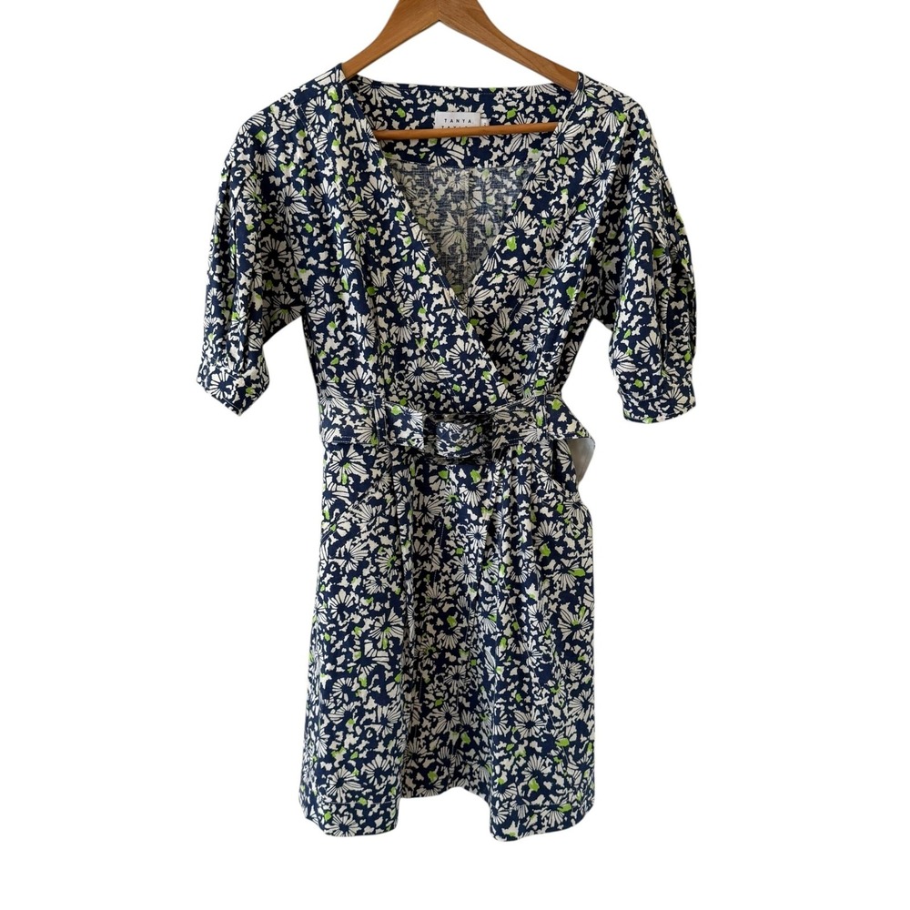 Tanya Taylor Coral Floral Wrap Mini Dress Womens 2 Blue Linen Blend Belt